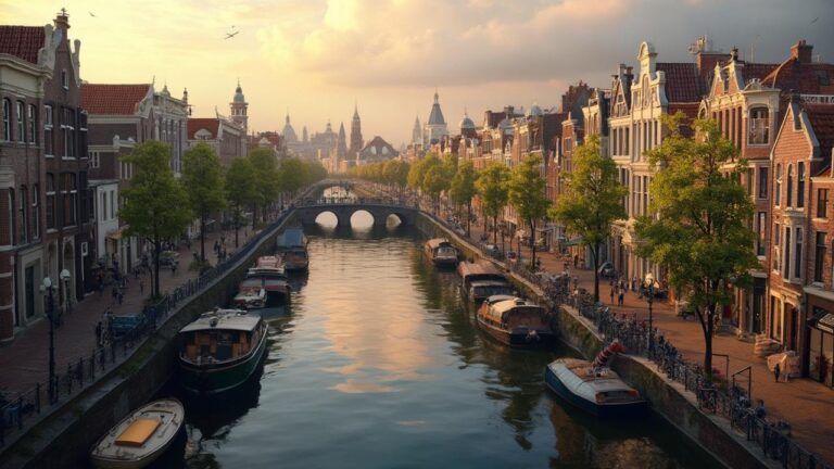 Vue panoramique d'un canal d'Amsterdam, avec des maisons historiques et des bateaux.