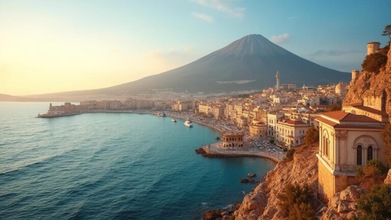 Vue panoramique d'une ville côtière italienne avec un volcan en arrière-plan