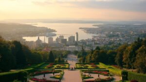 Vue aérienne d'une ville côtière entourée de montagnes et de jardins fleuris.