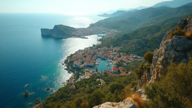 Vue panoramique d'un village méditerranéen entouré de montagnes et de la mer