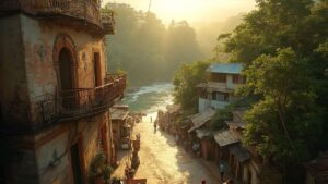 Vue panoramique d'un village de montagne avec des maisons traditionnelles et une rivière