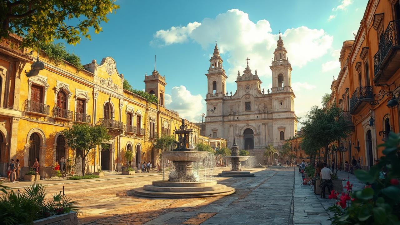 Place pittoresque de Séville avec fontaine et belle église