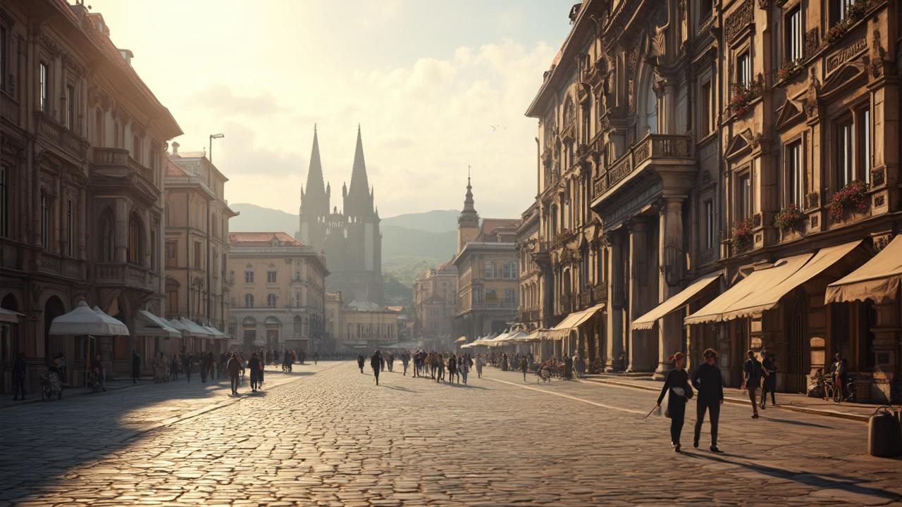 Une rue pavée animée avec des bâtiments historiques et deux flèches de cathédrale